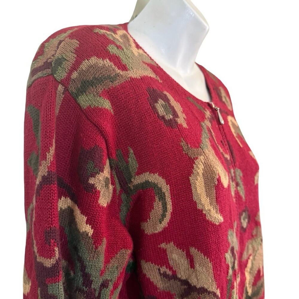 Talbots Red Leaf Design Cotton & Ramie Blend Zip Up Cardigan Sweater sz Large - Picture 9 of 16